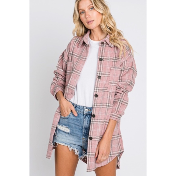 Tops - Dusty Pink Plaid Flannel Oversized Shacket Shirt Jacket